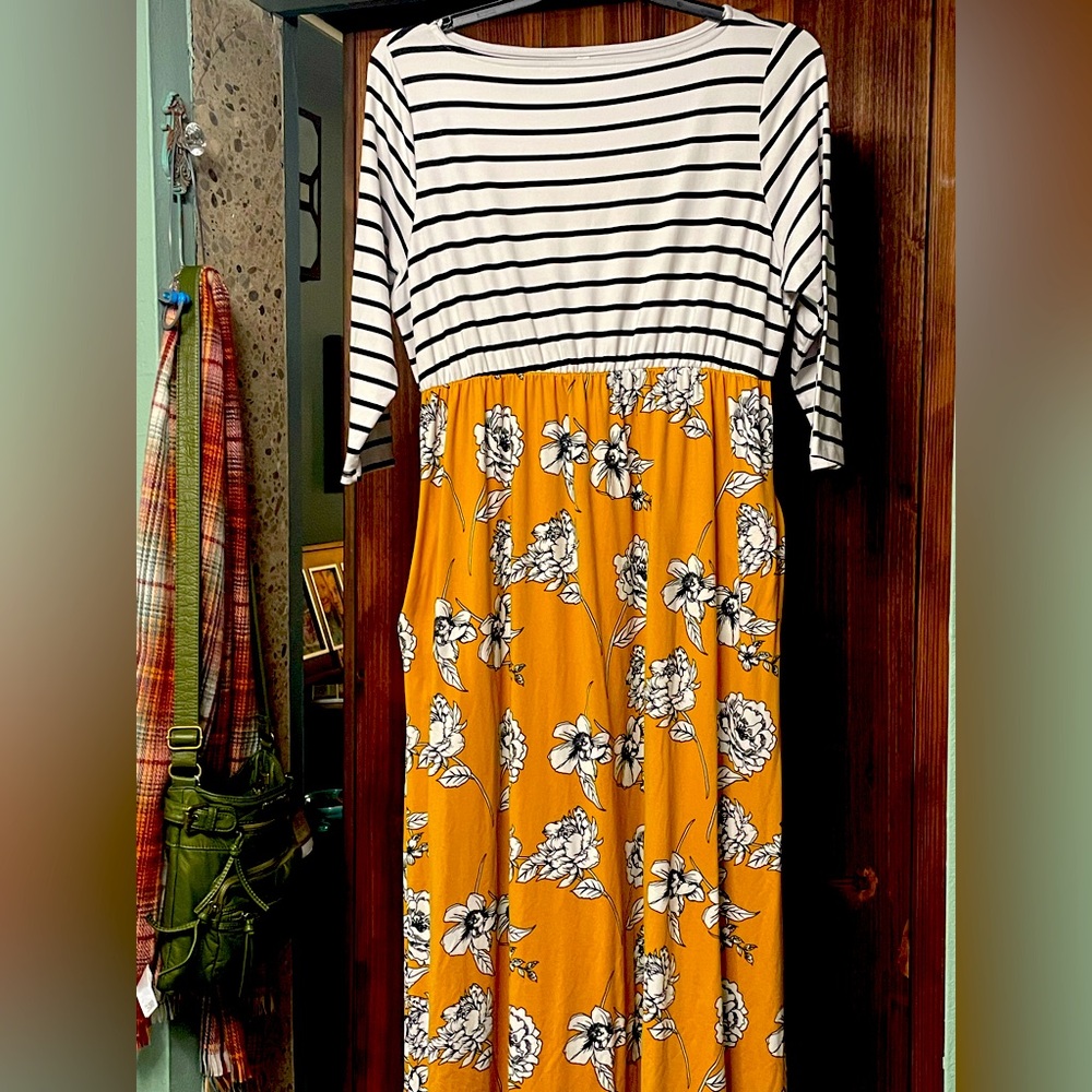 Emerald Black and White Striped Top with Orange Floral Skirt Dress